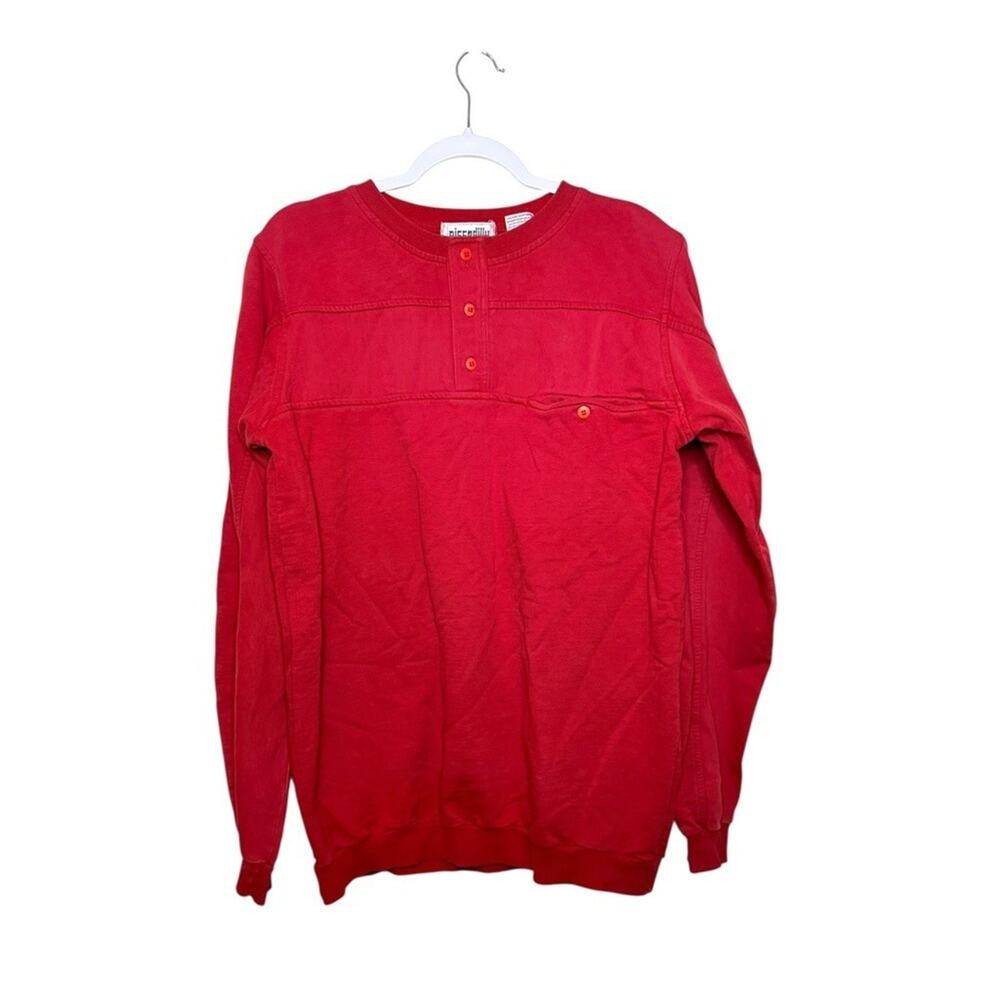 Vtg. Piccadilly Mens Red Cotton Long Sleeve‎ Henley Button Up Sweatshirt L Tall